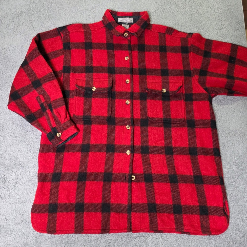 Robert Stock Mens M Flannel Shirt Red Black Buffalo Plaid Wool Blend Button Up